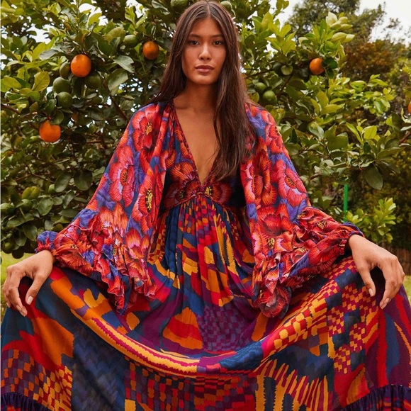 FARM Rio Red Blue Abstract Patches Maxi Dress - Picture 1 of 12